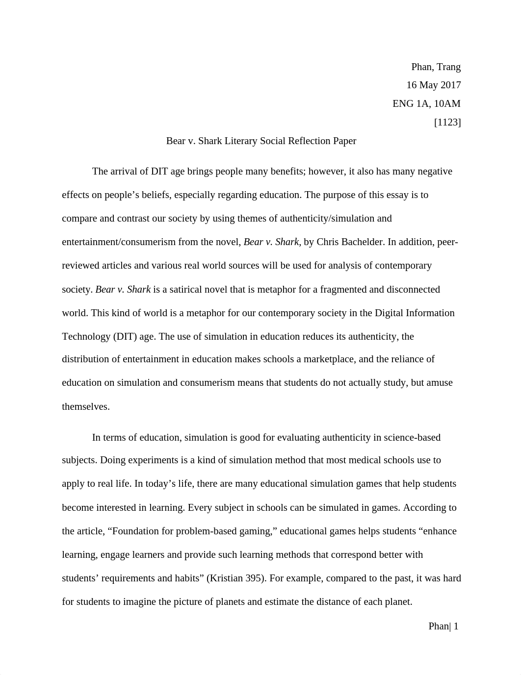 Bear v. Shark Literacy Social Reflection Paper.docx_dkpsni0wtes_page1