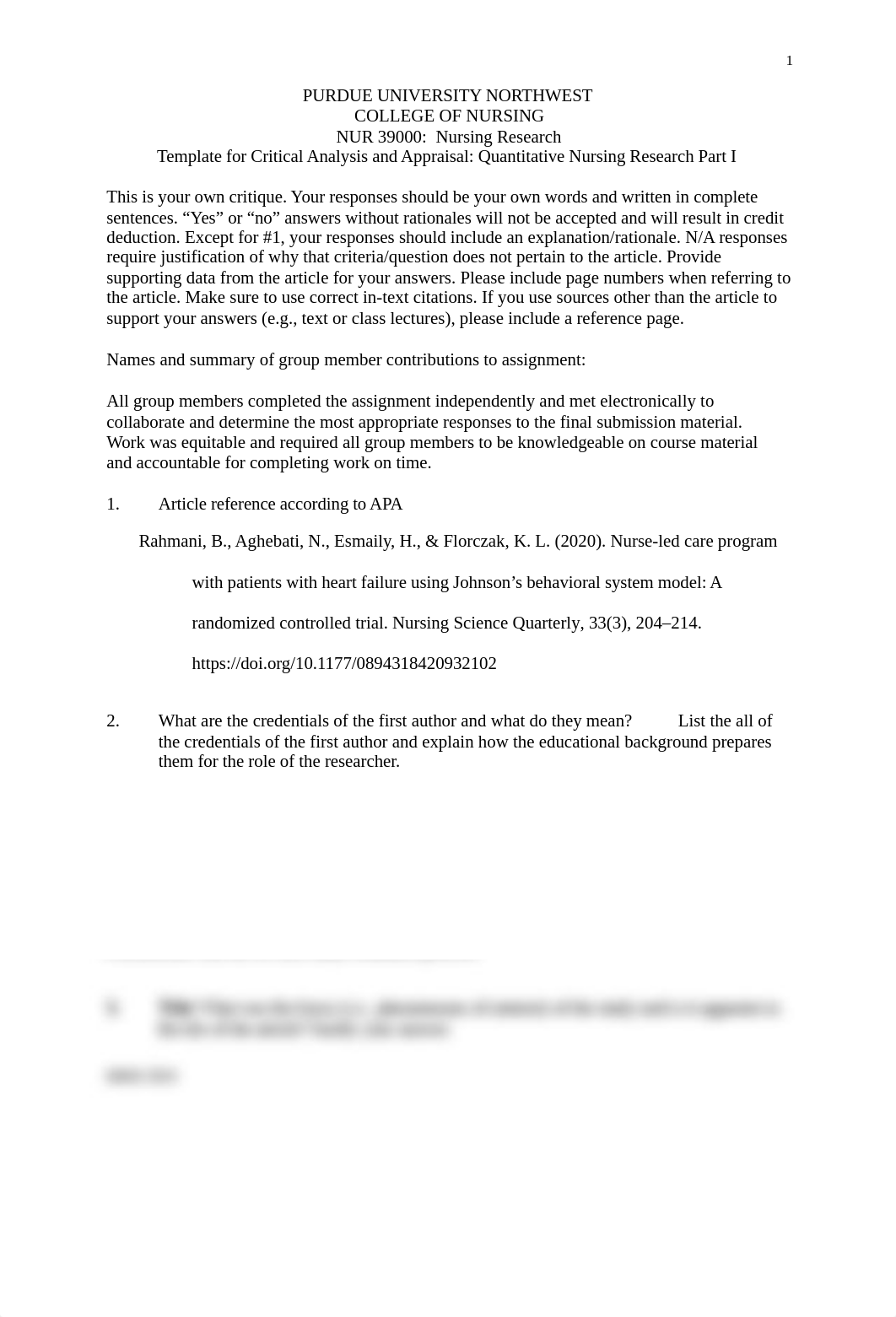 NUR 390 - WEEK 3 - Template for Critical Analysis and Appraisal- Quantitative Nursing Research Part_dkq5uitf638_page1