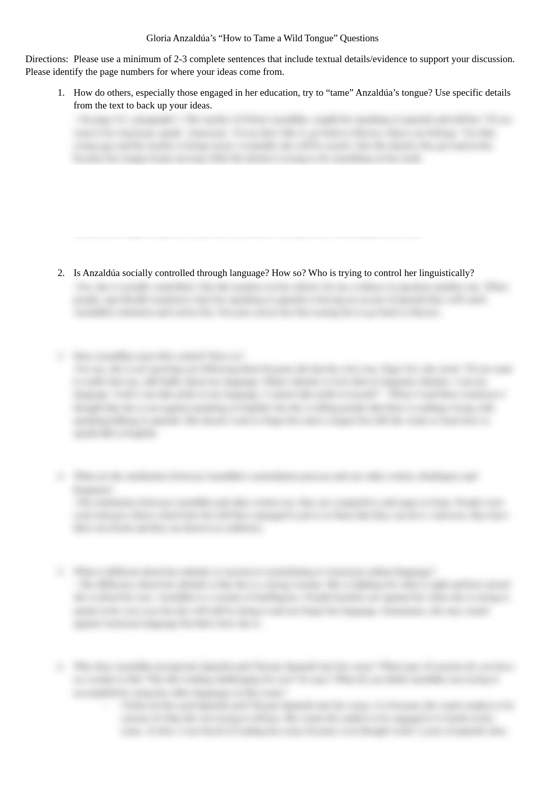 Gloria Anzaldúa's "How to Tame a Wild Tongue" Questions.pdf_dkr5k58rsn3_page1