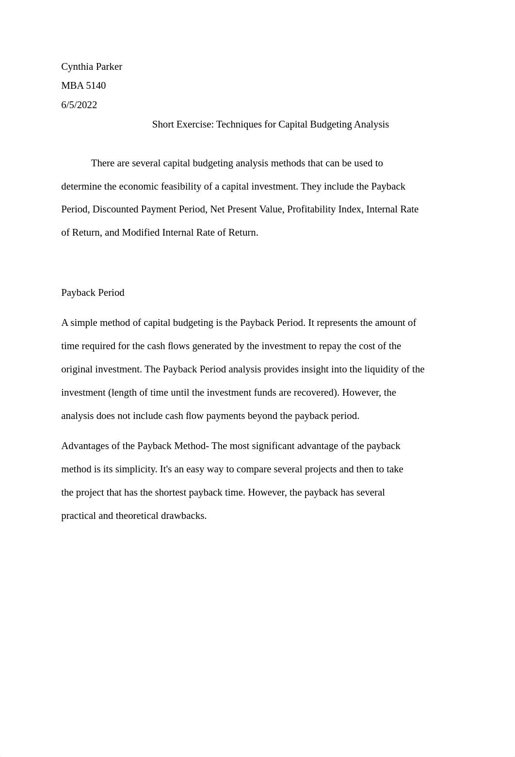 week 6 Short ExerciseTechniques for Capital Budgeting Analysis Parker.docx_dksh0kw864o_page1