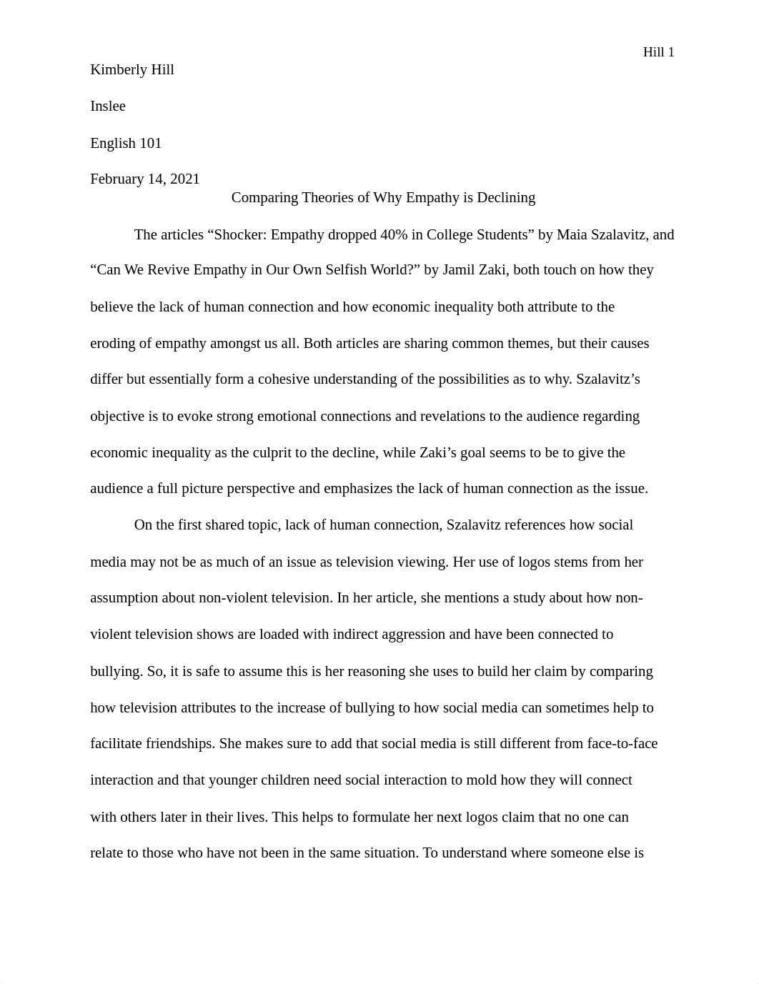 Hill_Kimberly_Essay_Comparing Theories of Why Empathy is Declining.docx_dkt6ml3zym3_page1