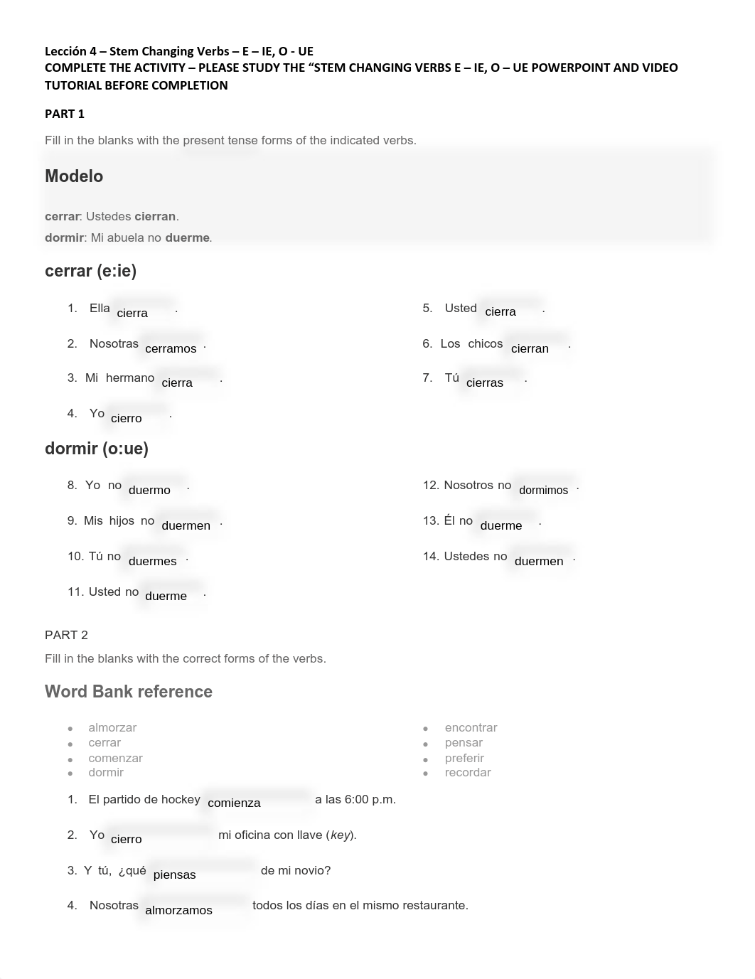 Leccion 4 - Stem Changing Verbs e - ie o - ue - Tarea - Fillable.pdf_dktvqb952qj_page1