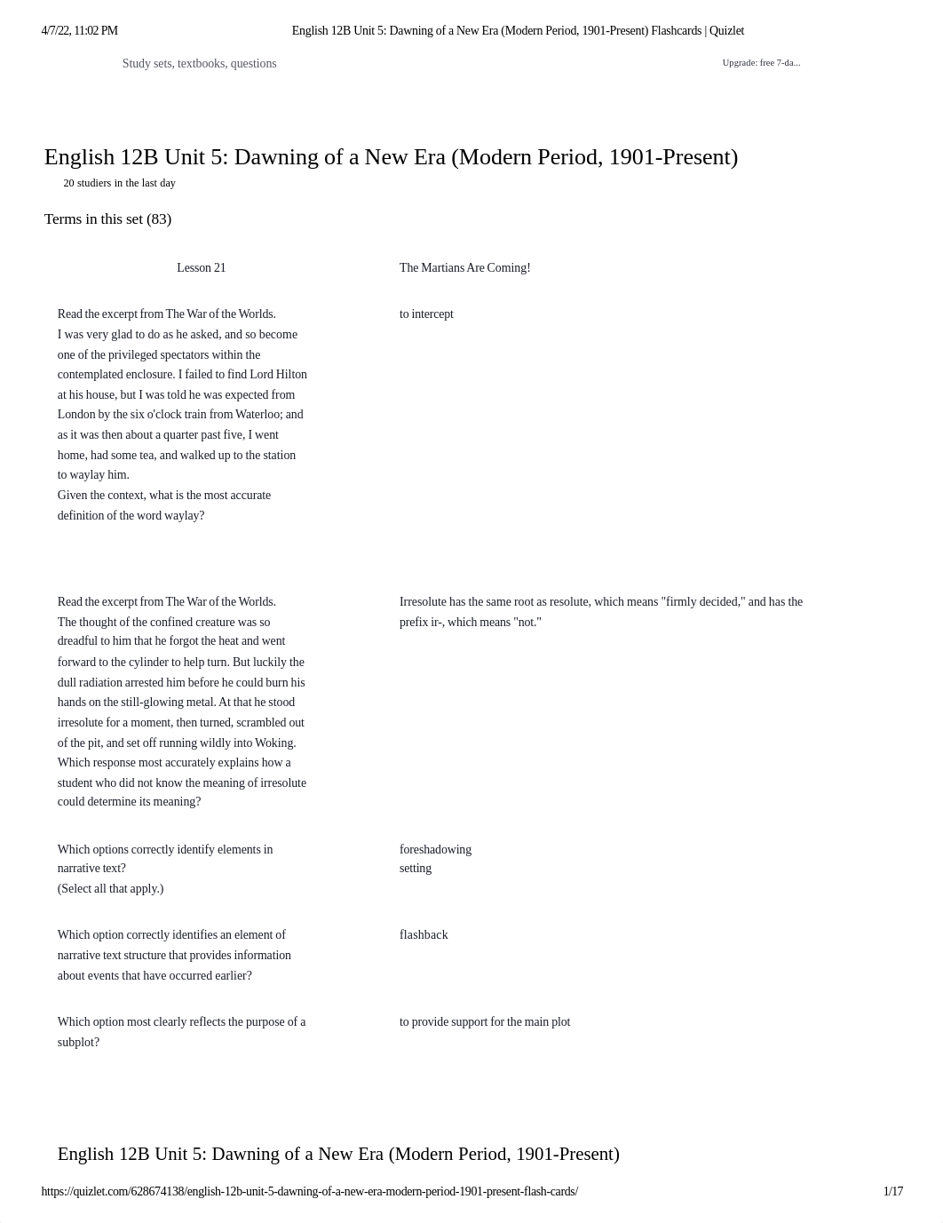 English 12B Unit 5_ Dawning of a New Era (Modern Period, 1901-Present) Flashcards _ Quizlet.pdf_dkvsxmln268_page1