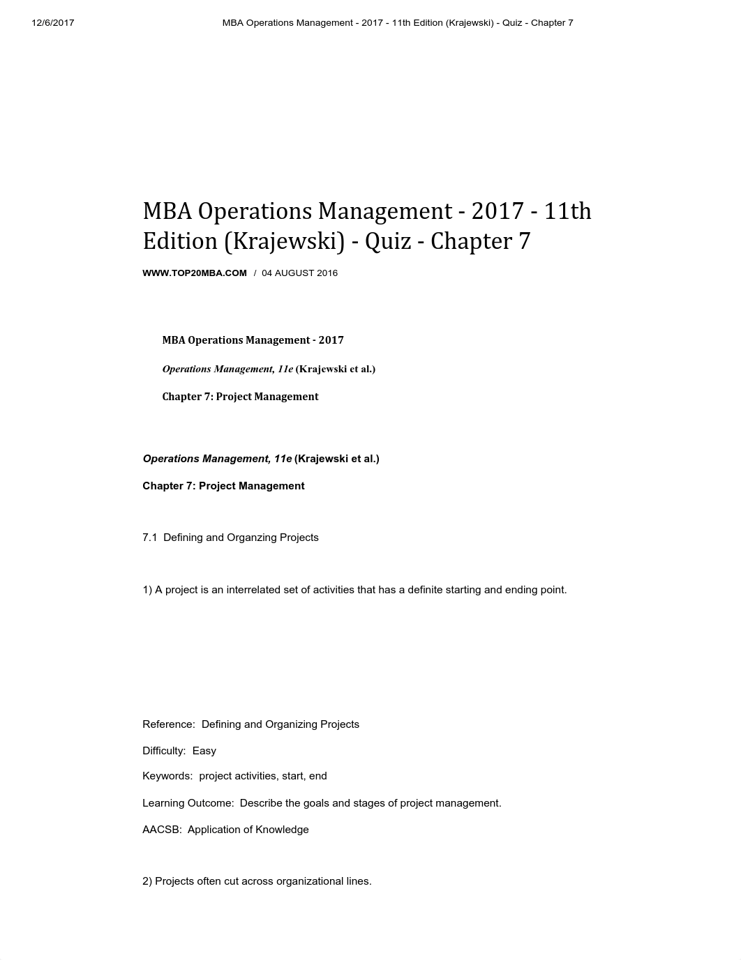 MBA Operations Management - 2017 - 11th Edition (Krajewski) - Quiz - Chapter 7.pdf_dl2bl6l1bi2_page1