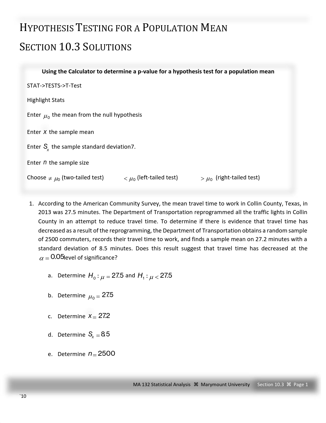 (16) Hypothesis Testing for a Population Mean Section 10.3 Solutions.pdf_dlbaip8gnln_page1