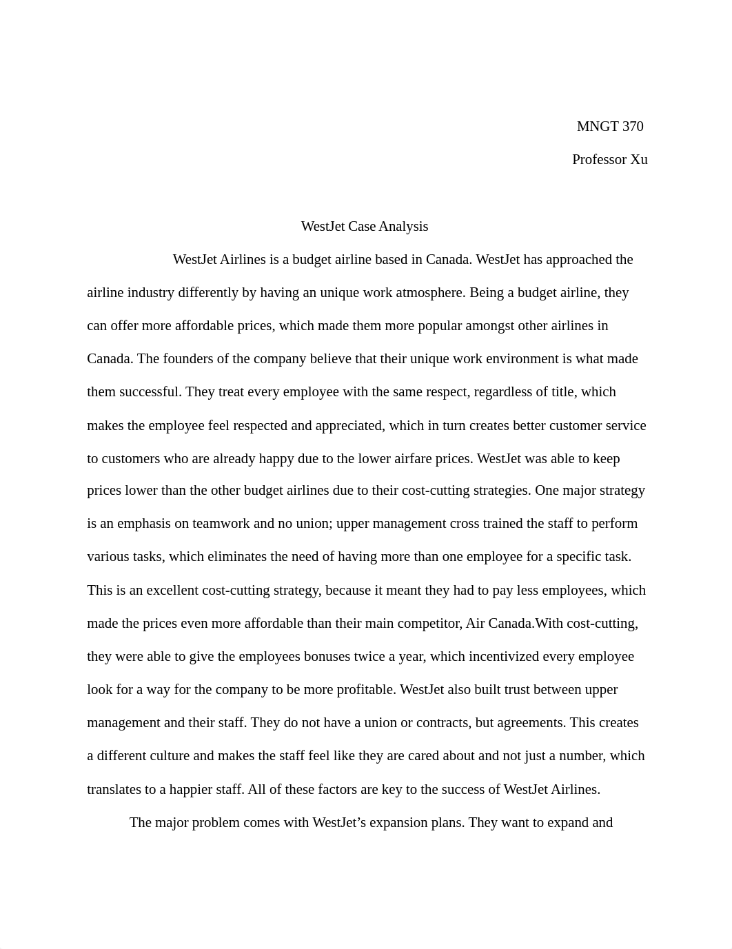 WestJet Case Analysis_dlcrpclliom_page1