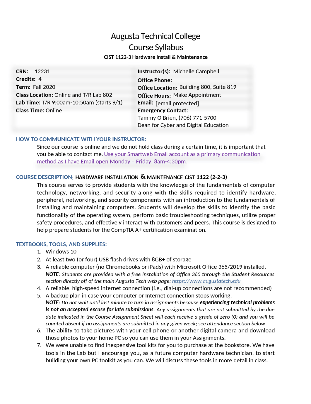 CIST 1122-3_12231_Fall 2020_HardwareInstall&Maintenance_Syllabus.docx_dldorm1bfft_page1