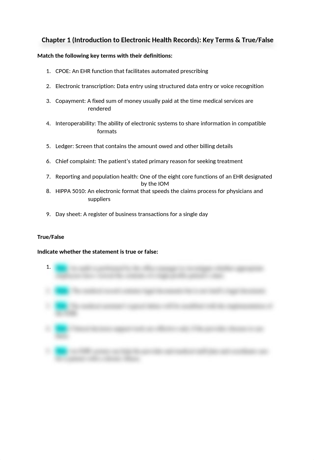 Chapter 1 (Introduction to Electronic Health Records)- Key Terms and True or False .docx_dlf7xh0yuqc_page1