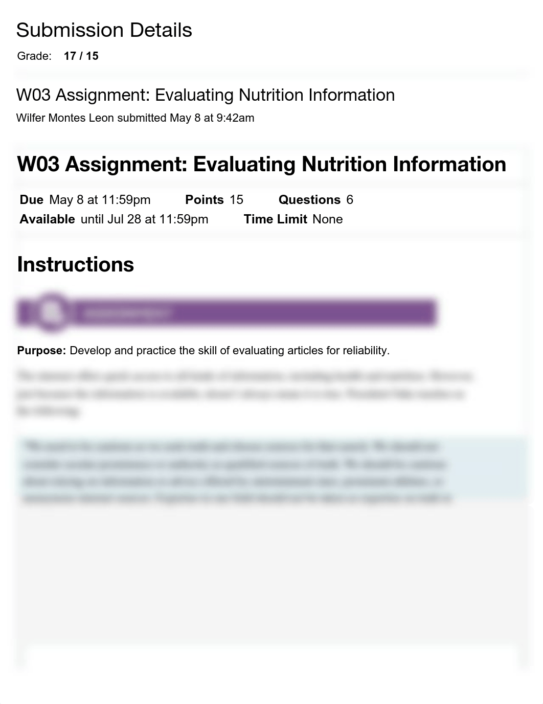 W03 Assignment: Evaluating Nutrition Information : Wilfer Montes Leon.pdf_dlgv1csdk2h_page1