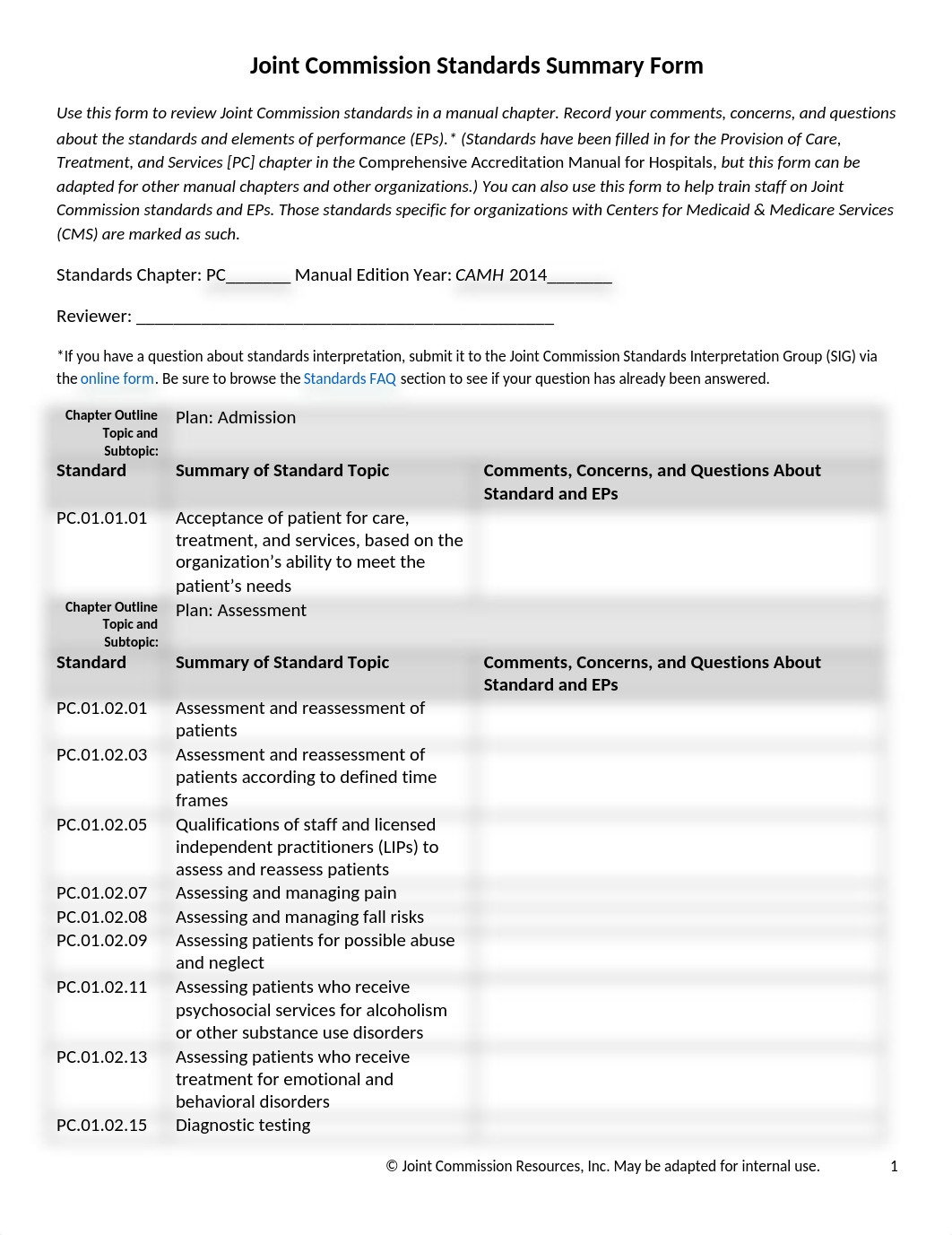 Joint Commission Standards Summary Form.doc_dlhsockqao2_page1