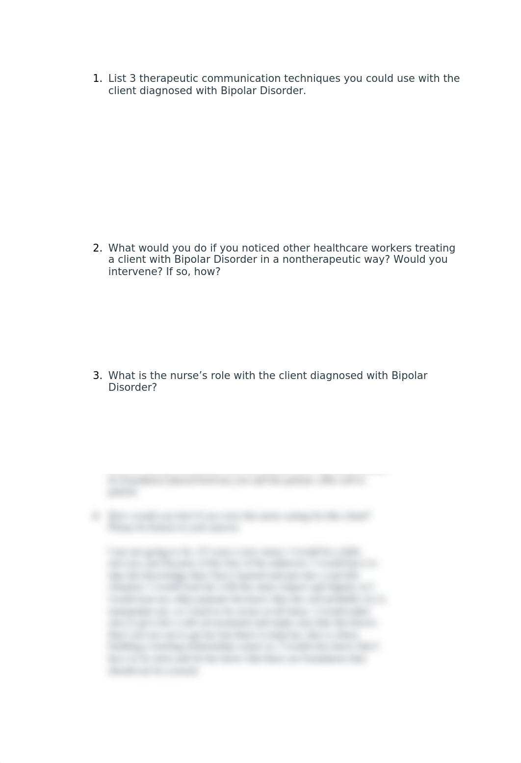 List 3 therapeutic communication techniques you could use with the client diagnosed with Bipolar Dis_dll9y0mknts_page1