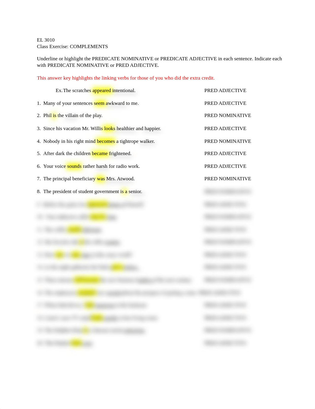 EL 3010 Complements CLASS EXERCISE ANSWER KEY.pdf_dlm8e2hjz15_page1