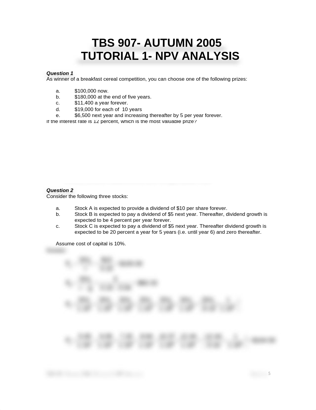 Autumn 2005- TBS 907- Tutorial 1 with solutions - NPV Analysis_dlmbieu33w3_page1