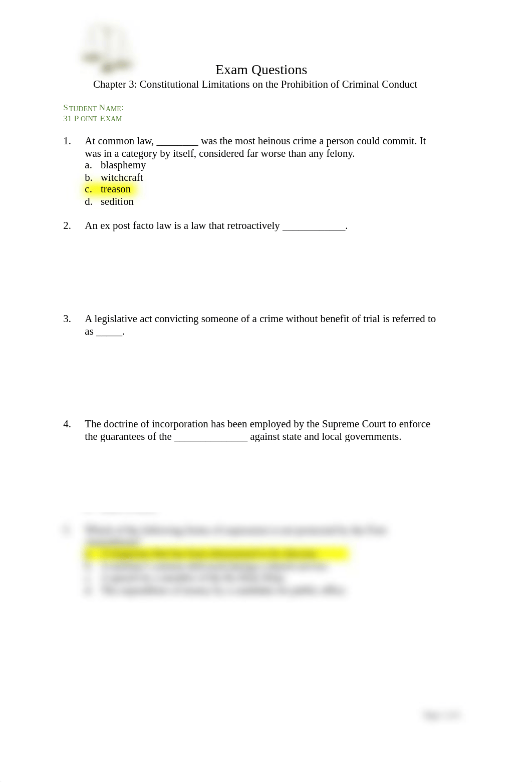 Chapter 3 - Exam Constitutional Limitations on the Prohibition of Criminal Conduct.docx_dln0iyconqu_page1