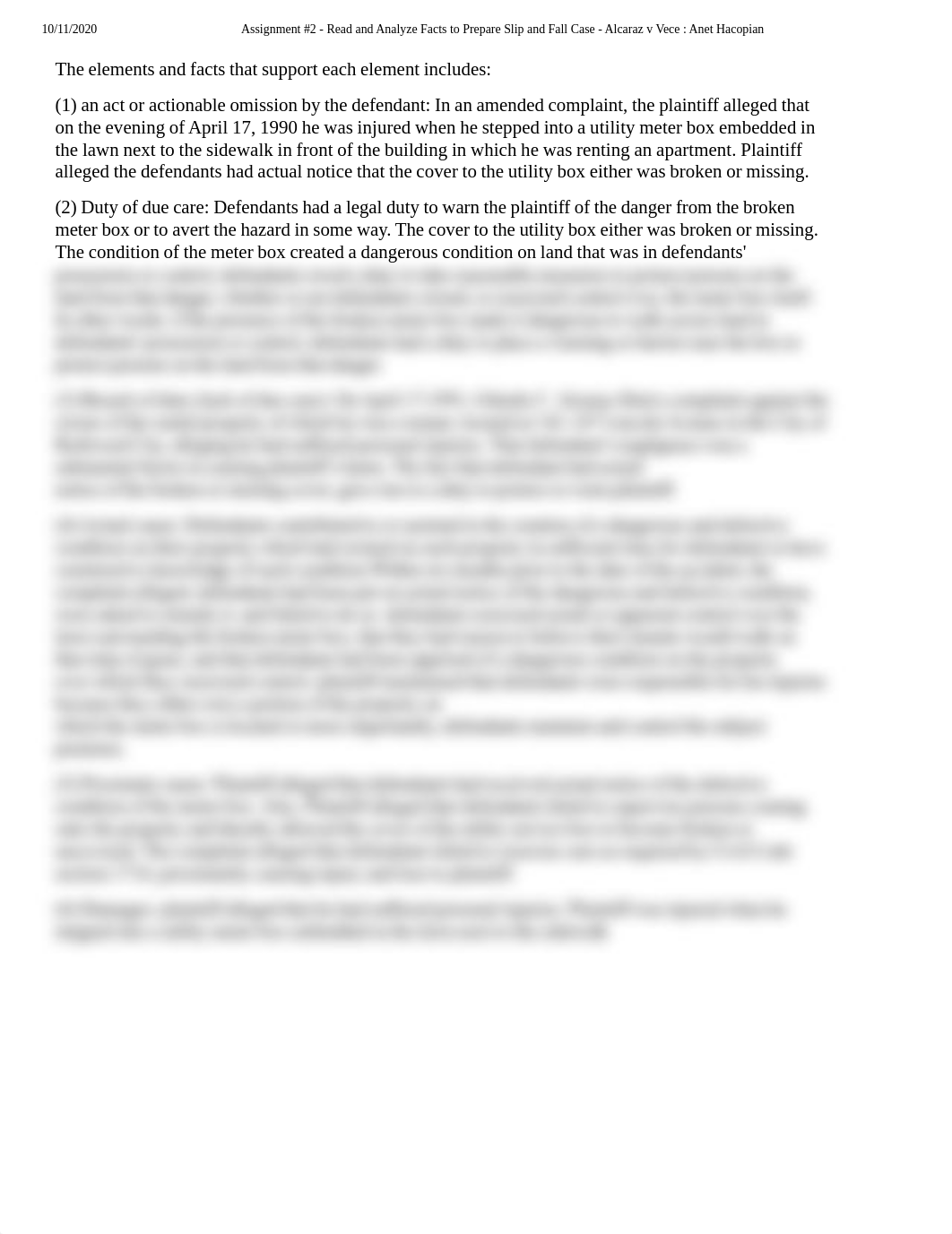 Assignment #2 - Read and Analyze Facts to Prepare Slip and Fall Case - Alcaraz v Vece _ Anet Hacopia_dlnw0l26fbc_page1