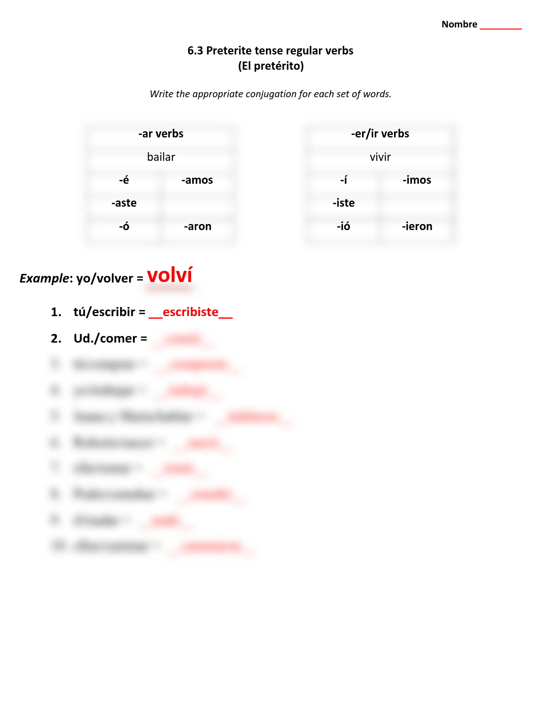 Worksheet 6.3 Preterite tense regular verbs-ANSWERS.pdf_dlosc30y302_page1