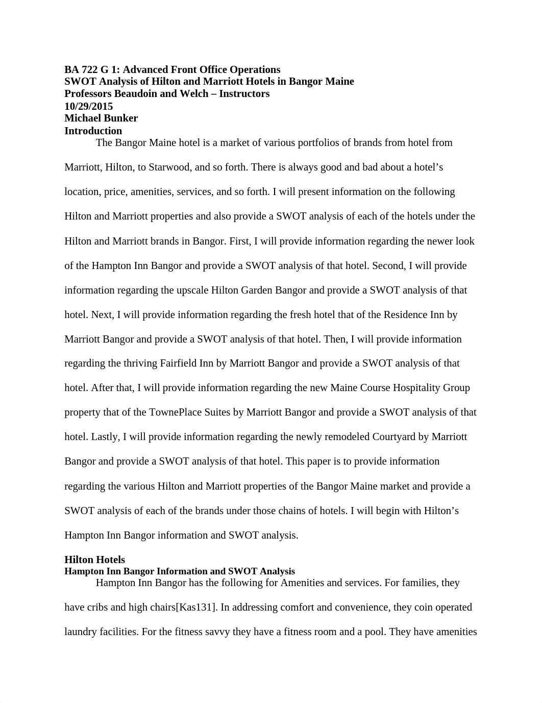 SWOT Analysis of Hilton and Marriott Hotels in Bangor Maine_dlrn6140se2_page1