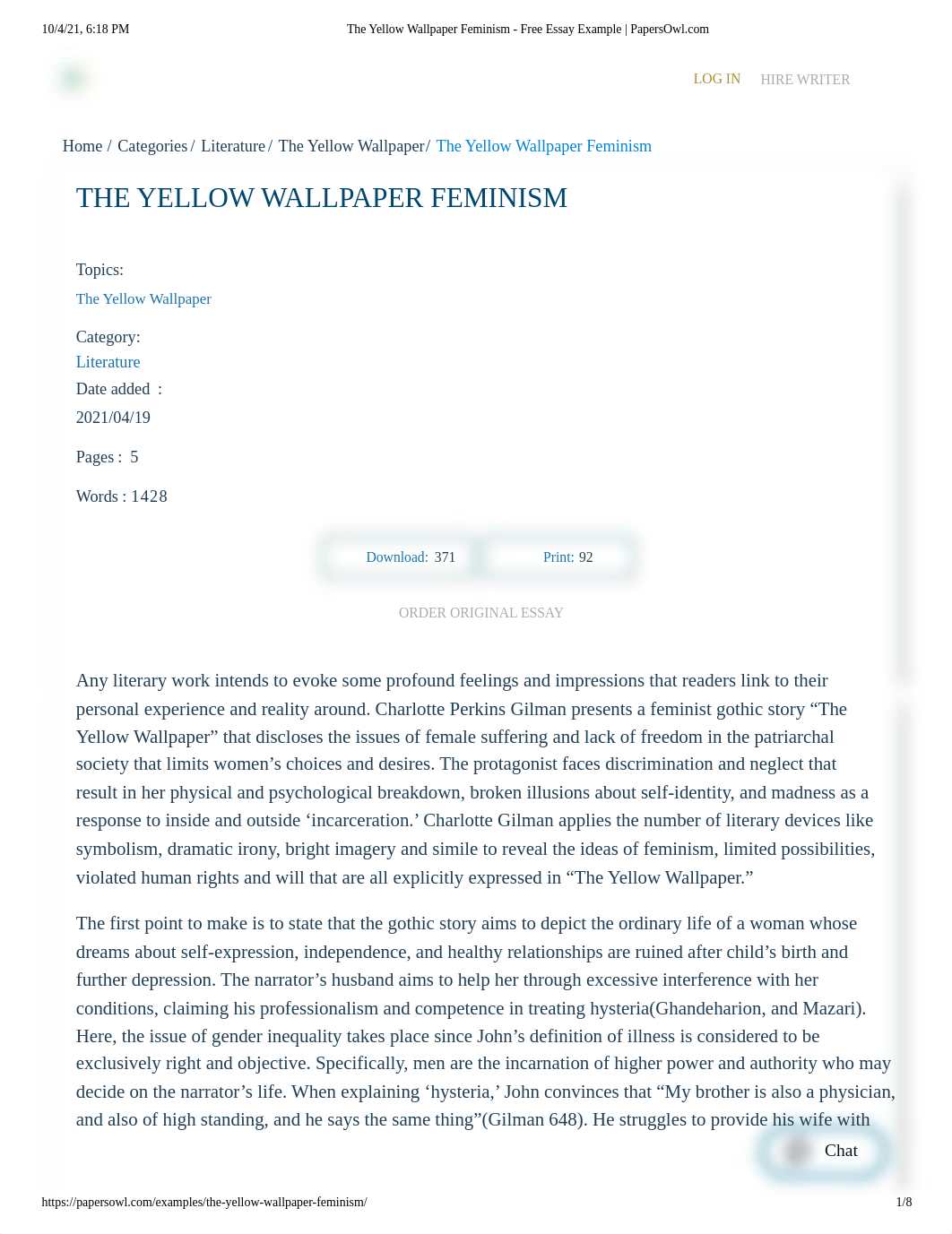 The Yellow Wallpaper Feminism - Free Essay Example _ PapersOwl.com.pdf_dlrn6151e2d_page1