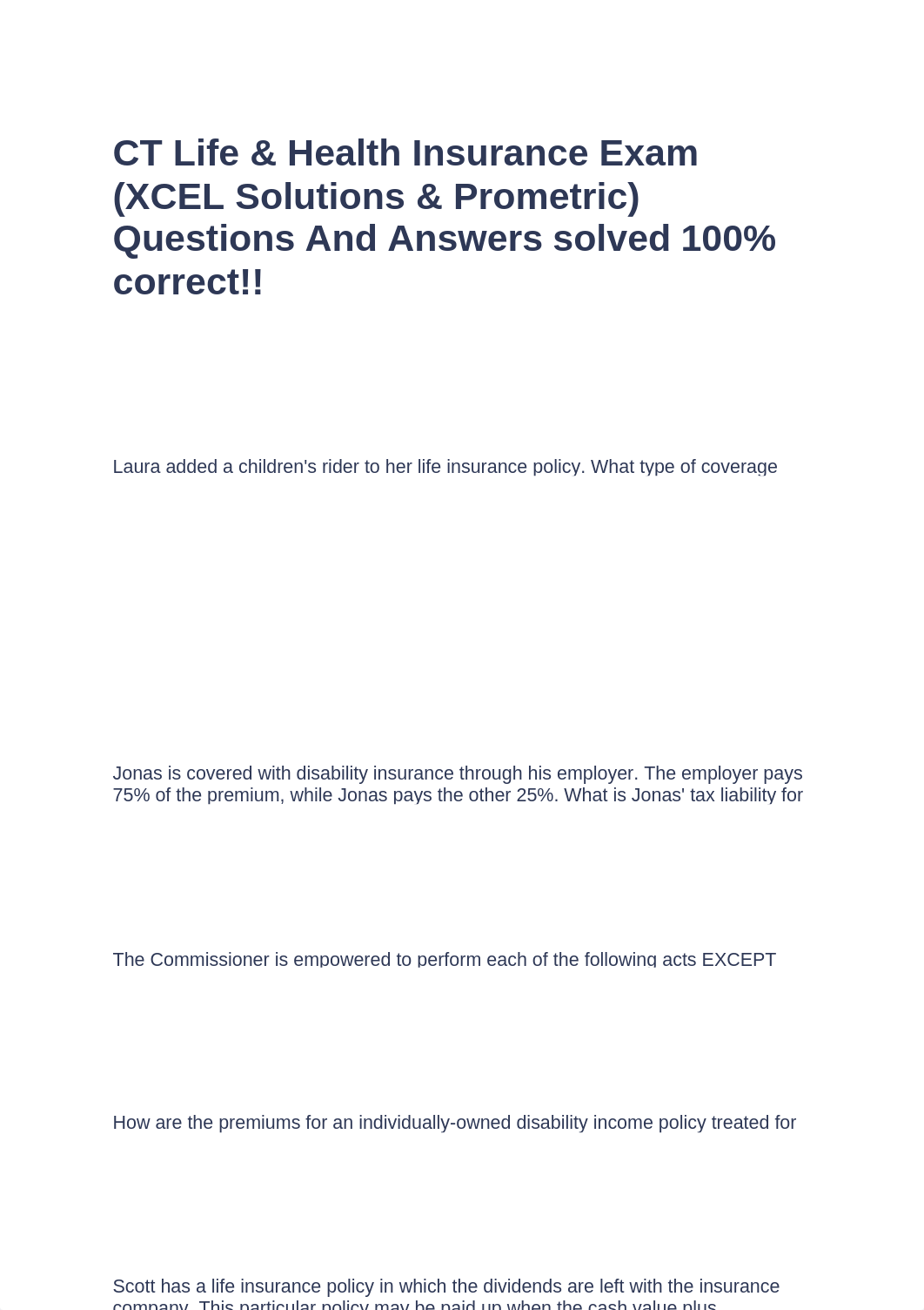 CT Life & Health Insurance Exam (XCEL Solutions & Prometric) Questions And Answers solved 100% corre_dlzsyquxrqz_page1