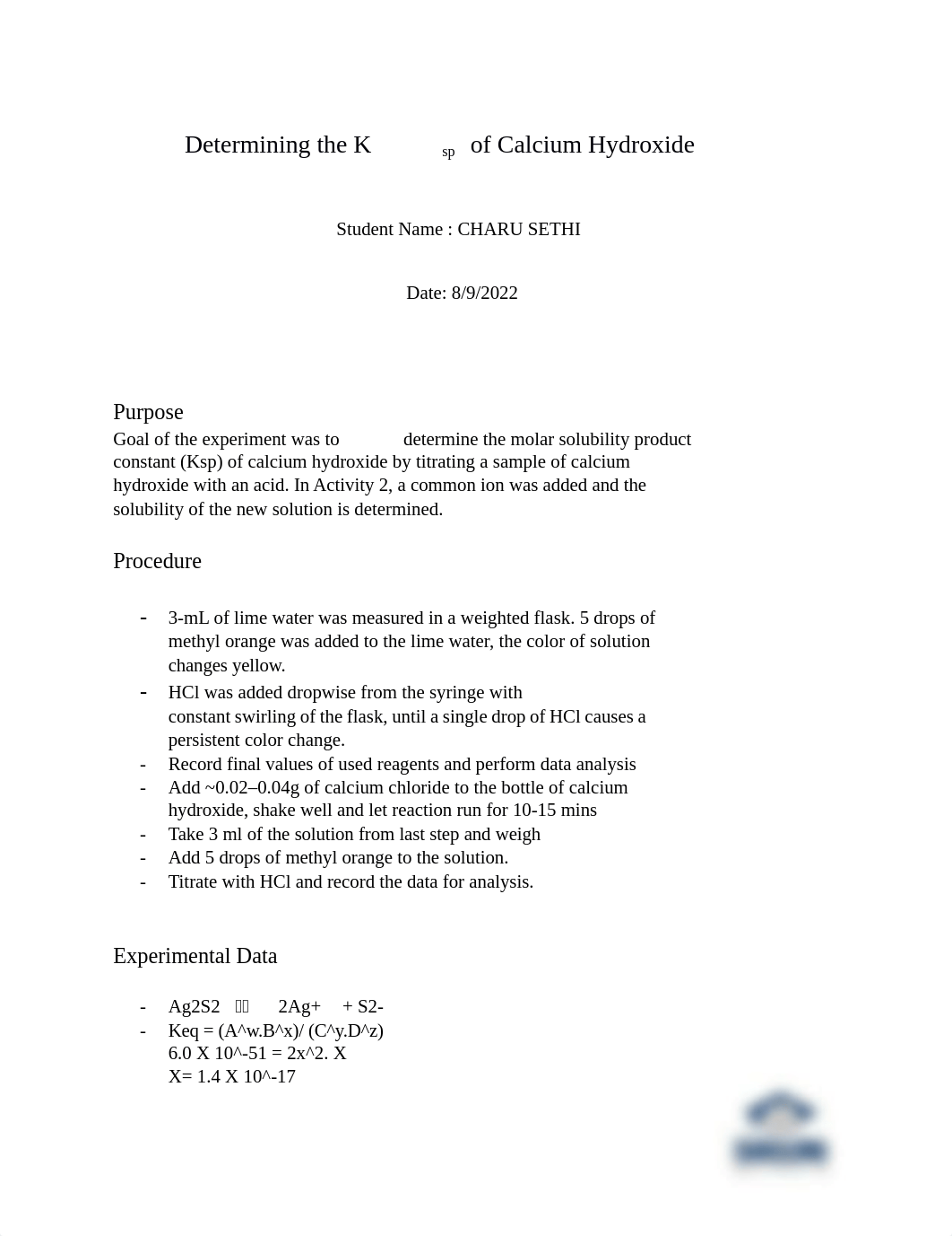 Lab report Determining the Ksp of Calcium Hydroxide (1).docx_dm0lseguabn_page1