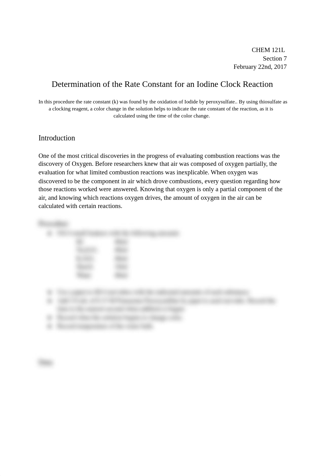 Chem 121L: Determination of the Rate Constant for an Iodine Clock Reaction_dm33nxqdvf0_page1