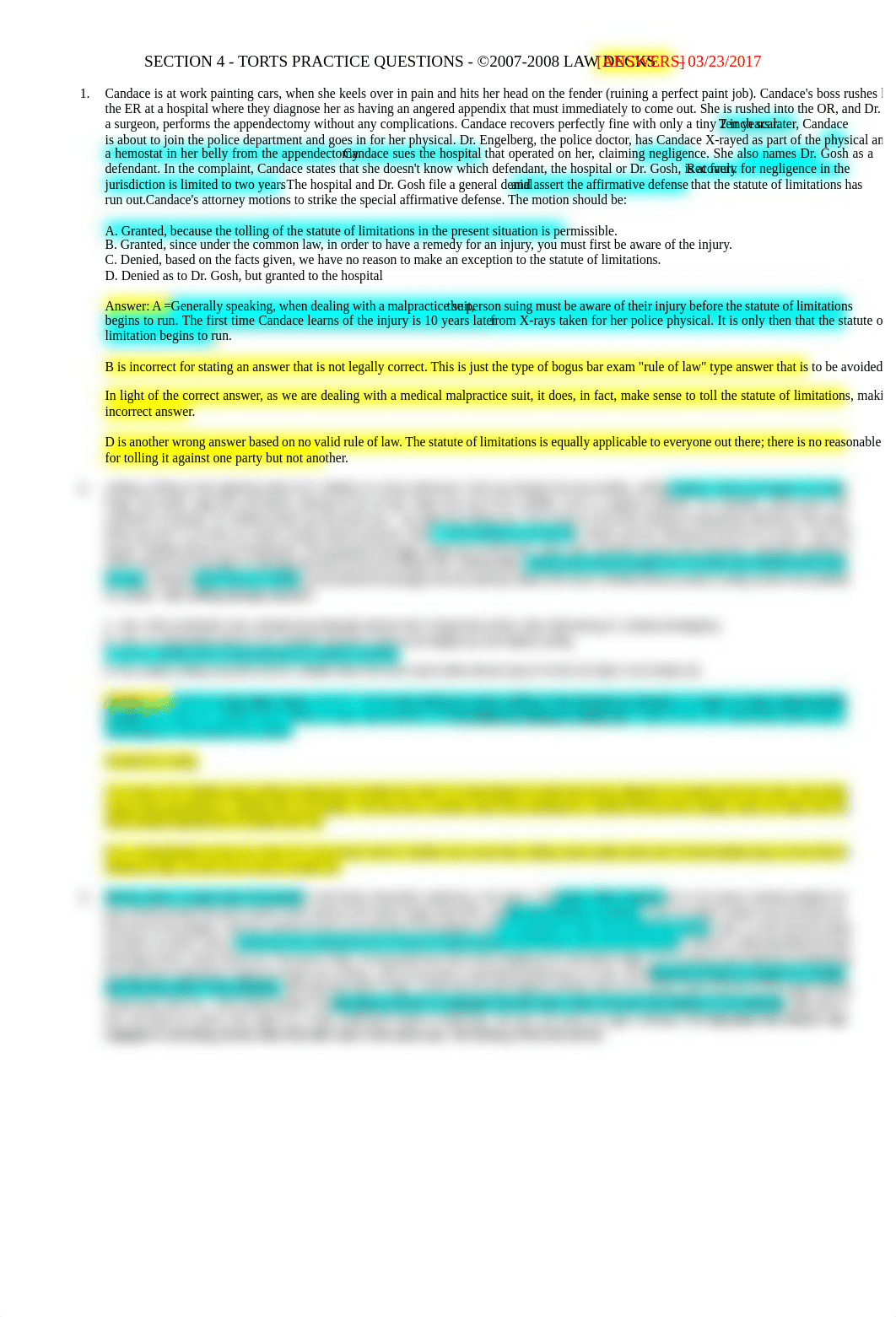 Sec 4 - Torts Tutorial Q&A (03-23-2017) [ANSWERS] - longview [highlighted]_dm3fulesuwy_page1