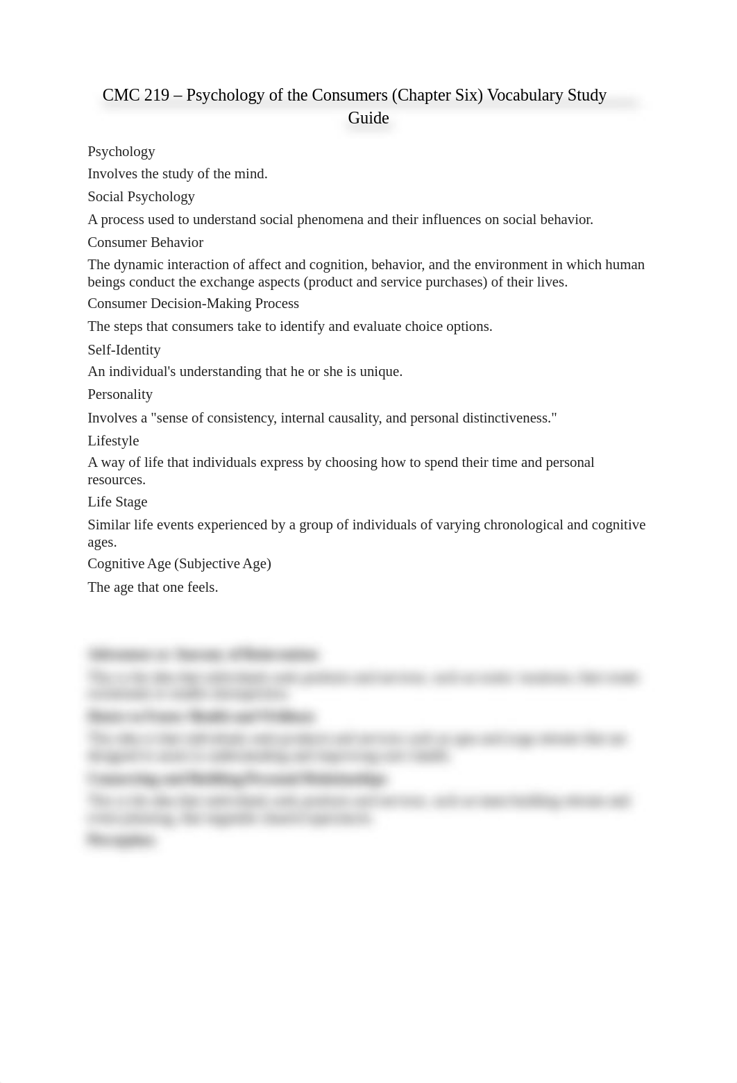 CMC 219 - Psychology of the Consumers (Chapter Six) Vocabulary Study Guide_dm4um9io7x7_page1