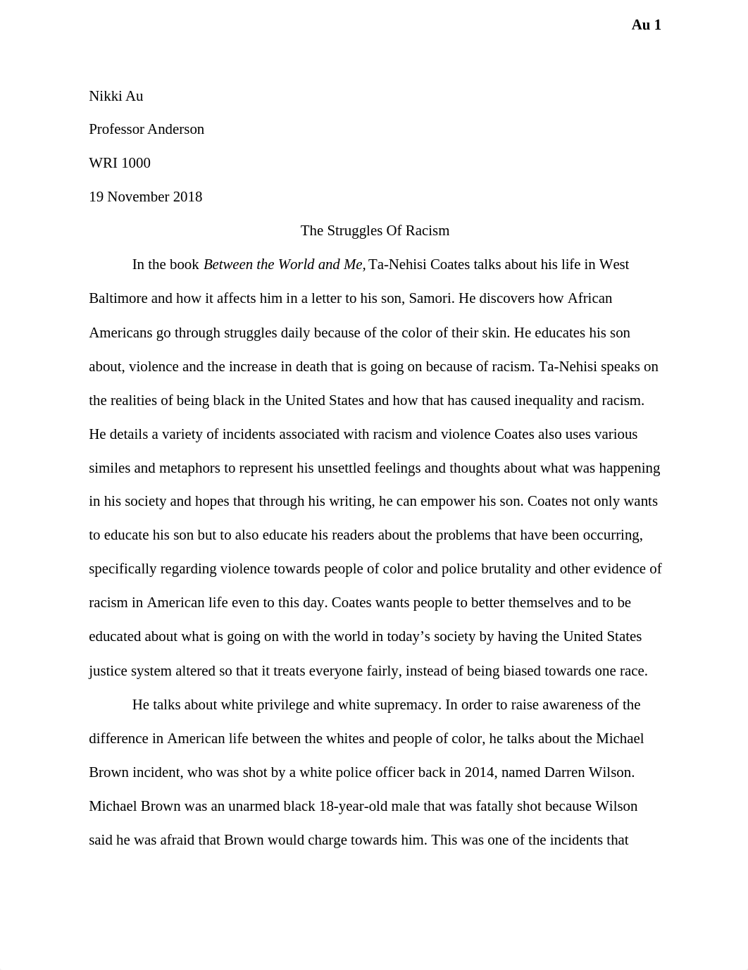 #2 of Major Paper 1: Rhetorical Analysis of Between the World and Me_dm4uw020y1w_page1