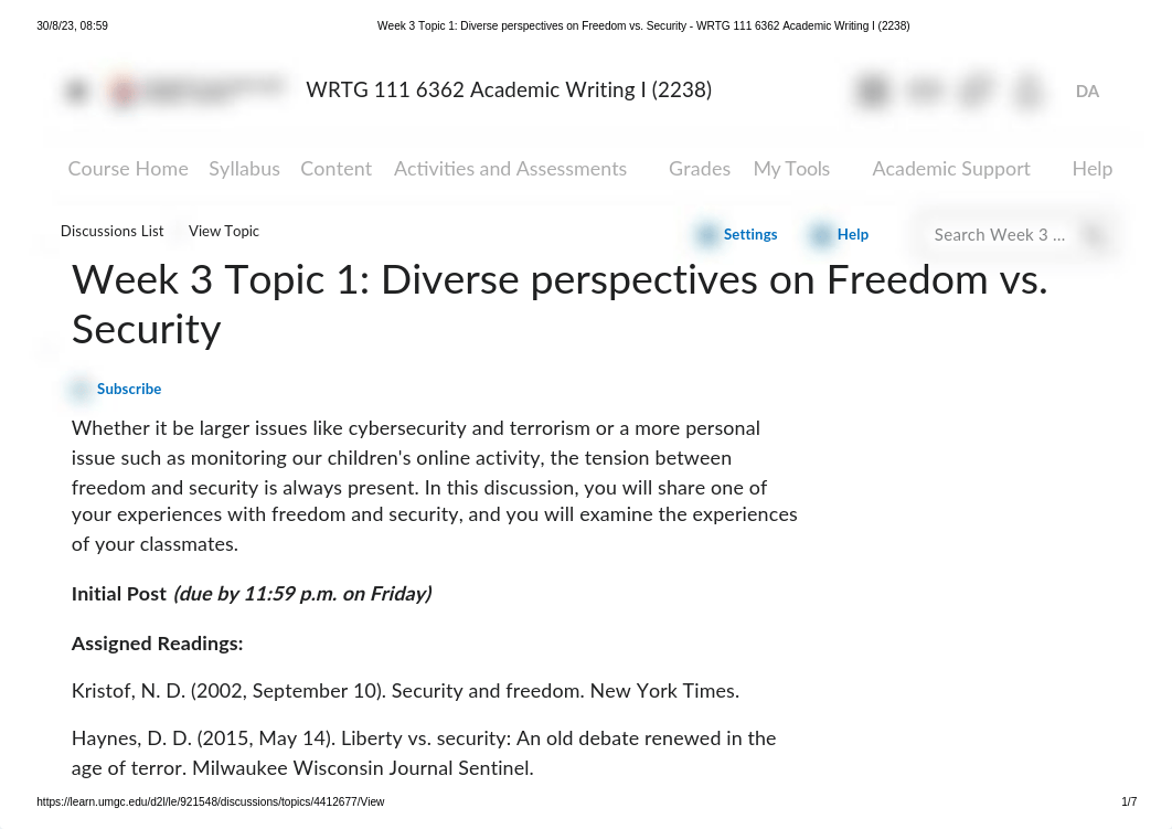 Week 3 Topic 1_ Diverse perspectives on Freedom vs. Security - WRTG 111 6362 Academic Writing Ij (22_dmavnfcbm5x_page1