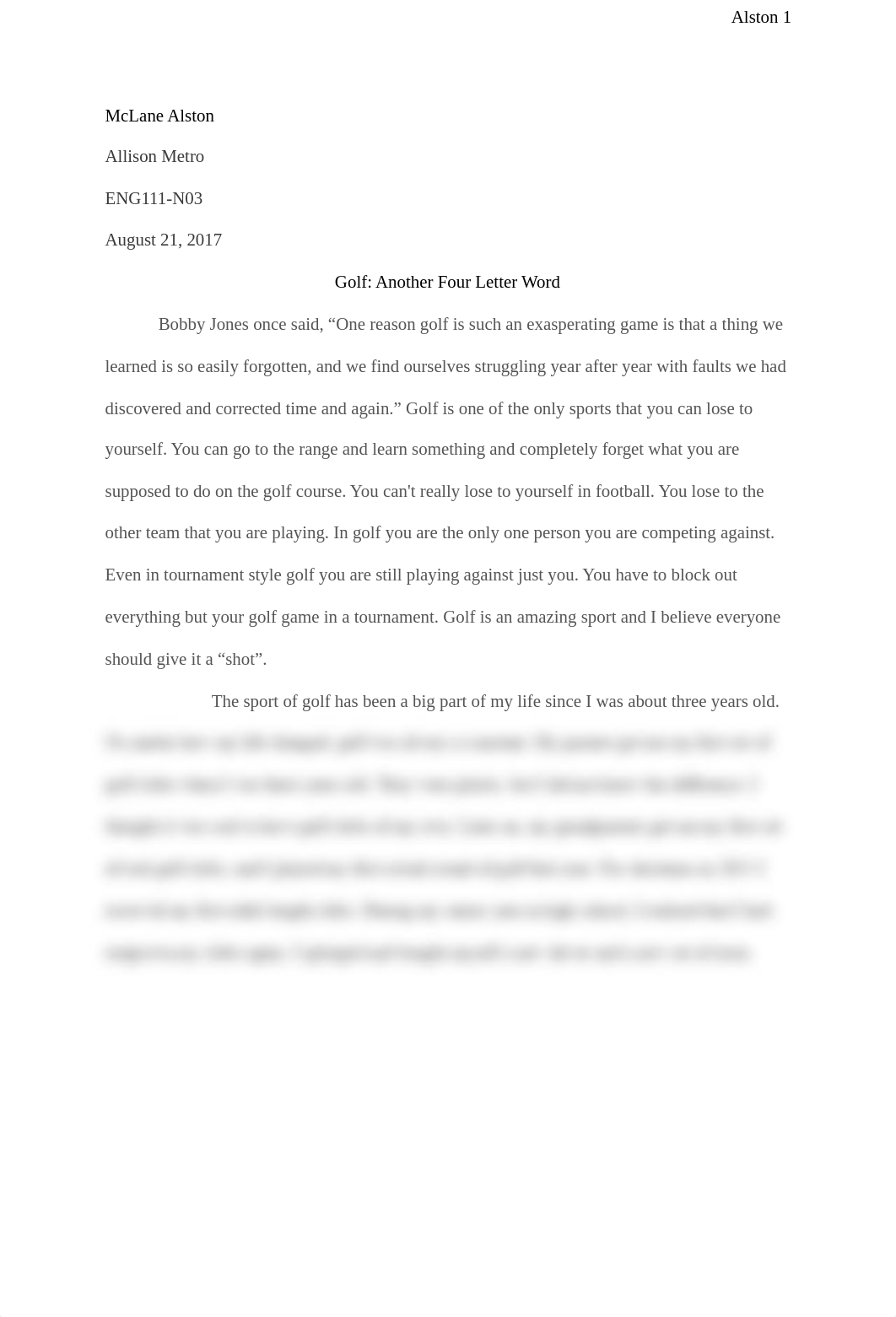 Module 2 Writing Assignment Final Draft Golf Another Four Letter Word -McLane Alston.pdf_dmd53fz8kik_page1