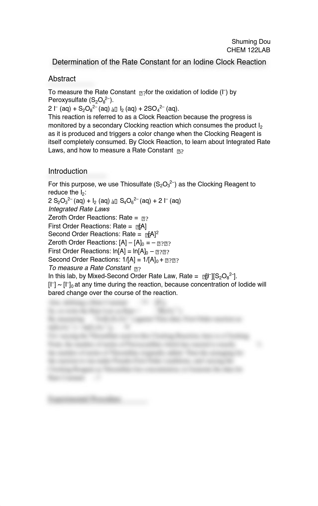 [CHEM122Lab#4][REDONE]Determination of the Rate Constant for an Iodine Clock Reaction_dmdgsmhb4bx_page1