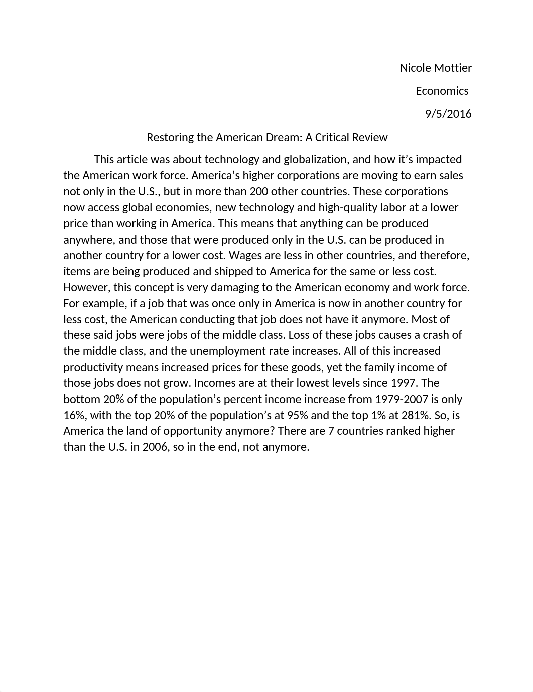 Economics Assignment #3 The American Dream Critical Review_dmeq1kcgz9s_page1