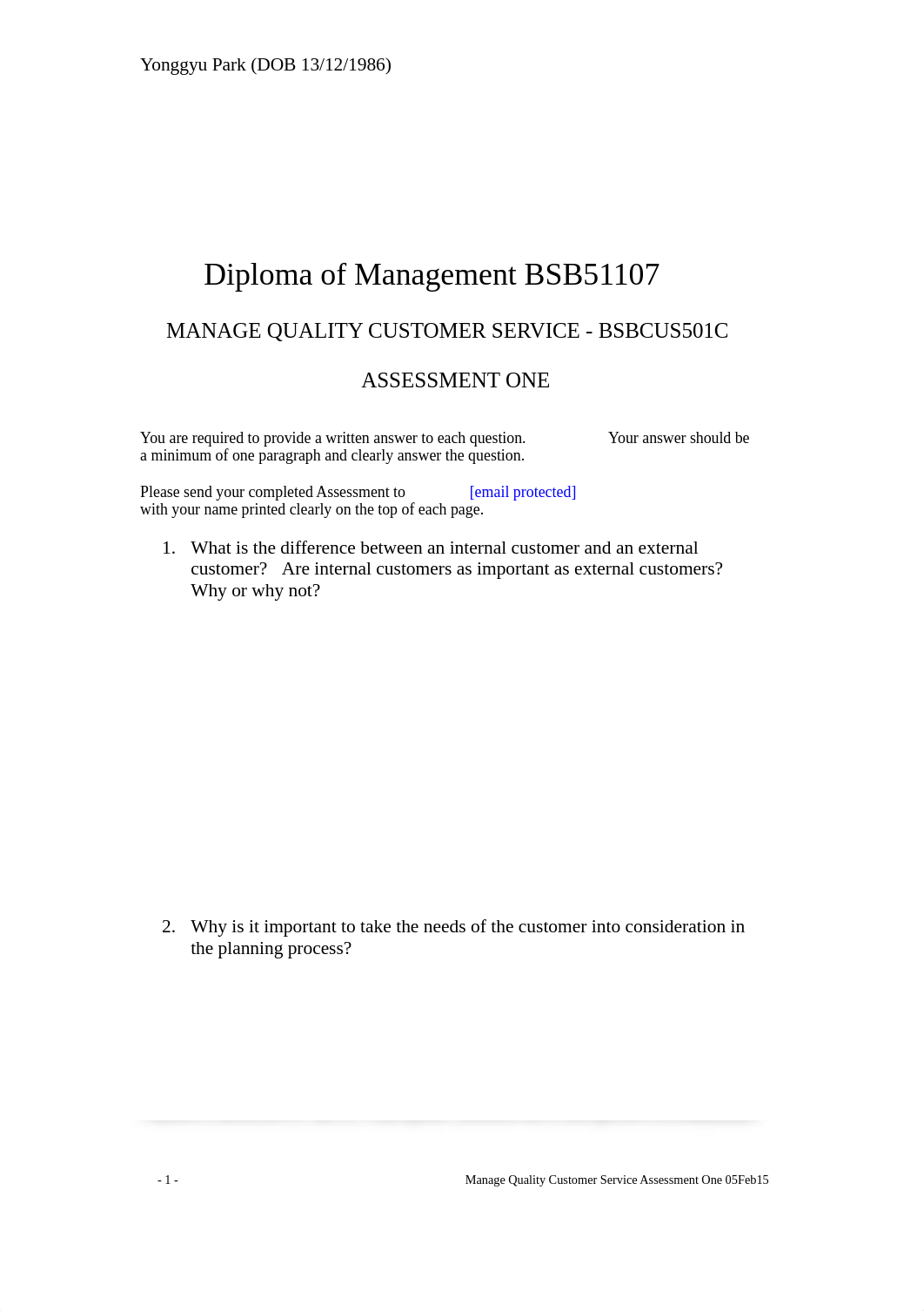 Yonggyu Park - 05. Manage Quality Customer Service ASSESSMENT ONE 05 Feb 15_dmgmj2s7xrx_page1