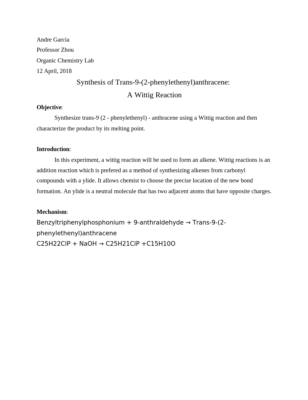 Synthesis of Trans-9 (2 - phenylethenyl) - anthracene: A Wittig Reaction_dmmj1fs92qh_page1