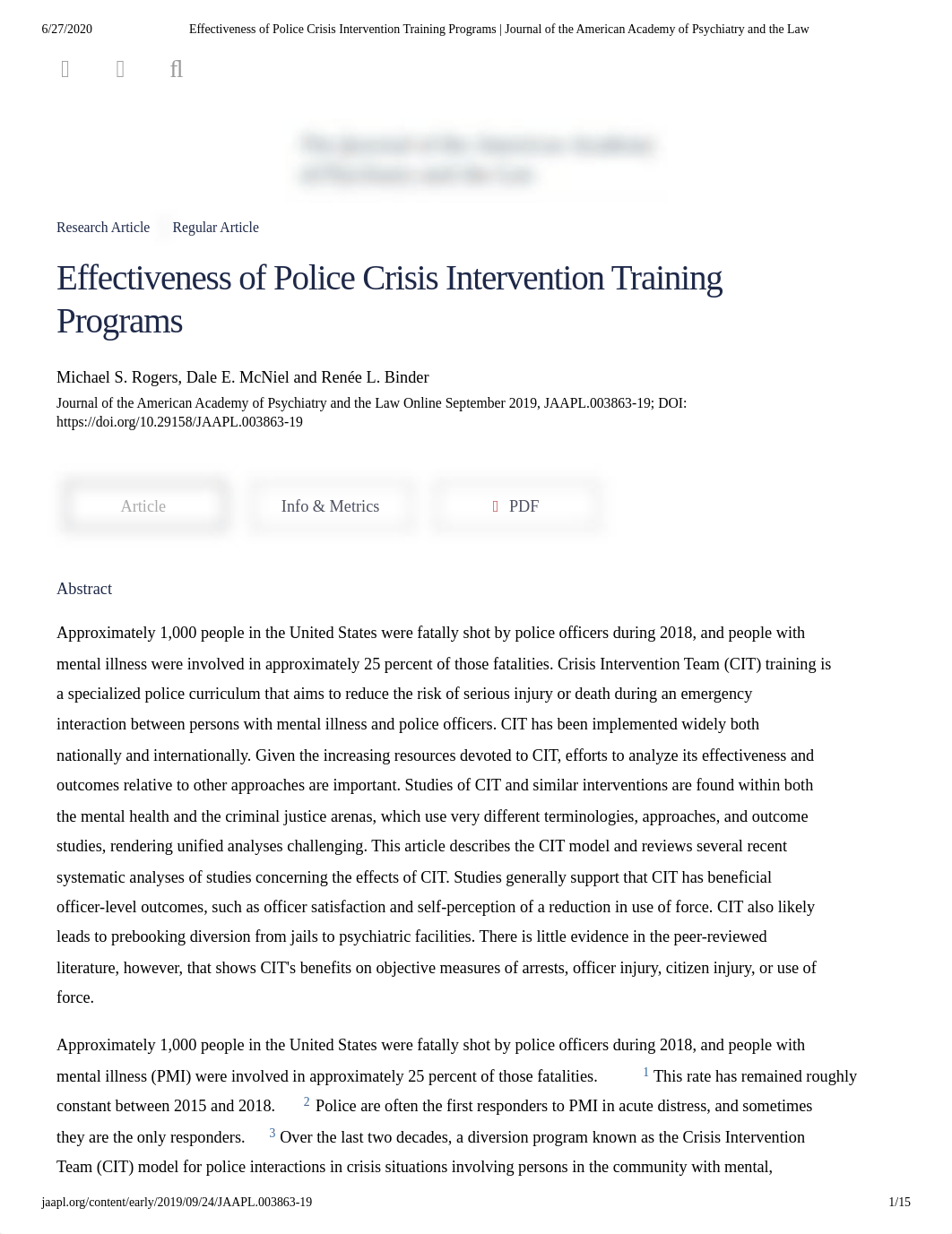 Effectiveness of Police Crisis Intervention Training Programs _ Journal of the American Academy of P_dmnrt4dz4v0_page1