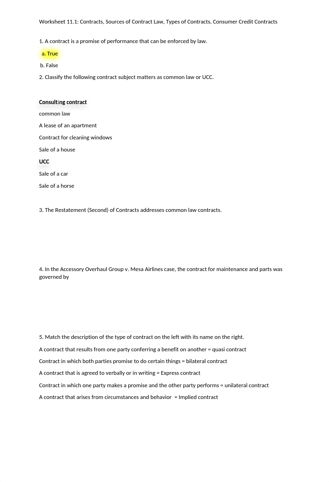 Worksheet 11.1 Contracts, Sources of Contract Law, Types of Contracts, Consumer Credit Contracts.doc_dmo79ivkist_page1