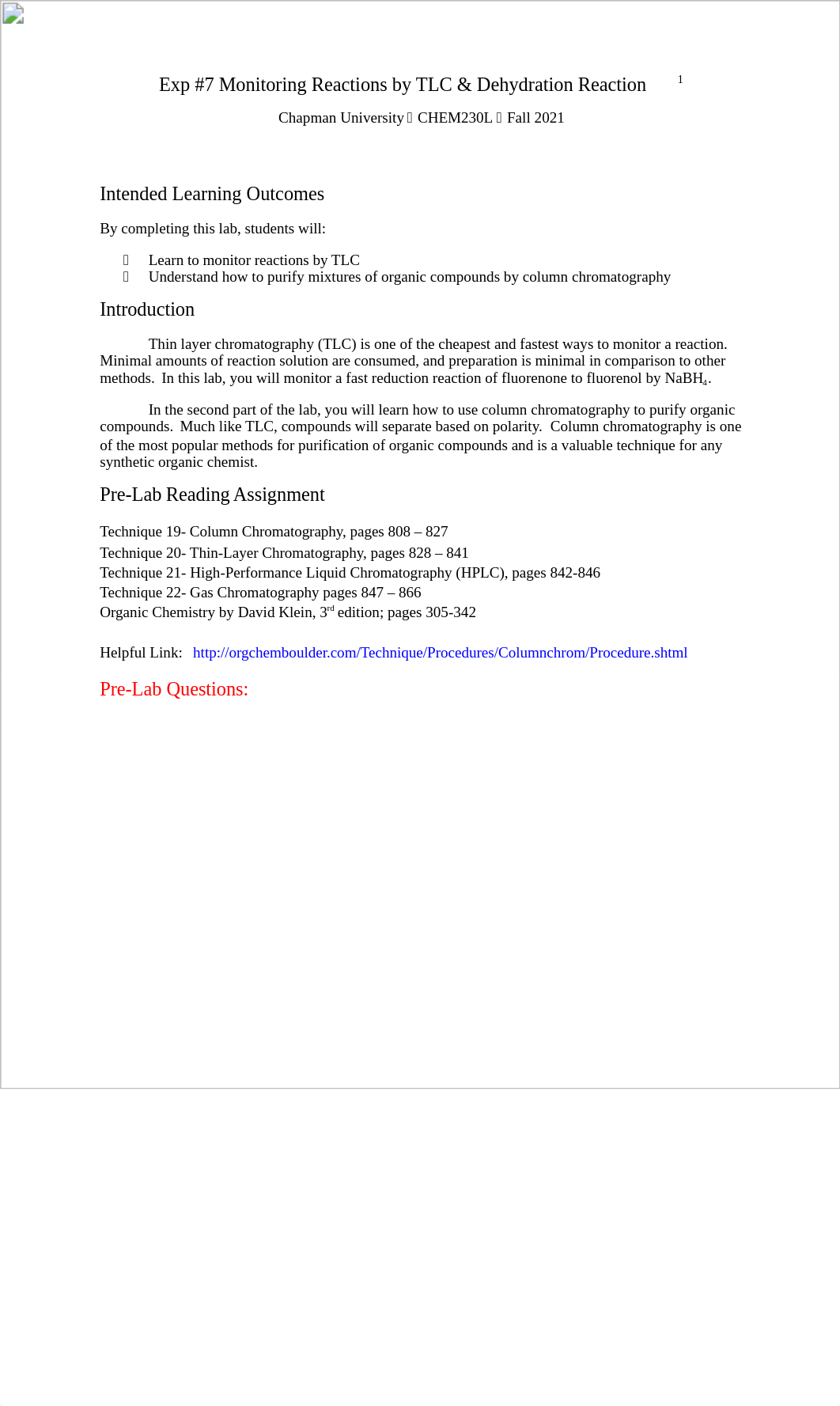 Exp #7 Monitoring reactions by TLC & Column Chromatography & Dehydration reaction 6-16-2021.docx_dmrghk4izm3_page1