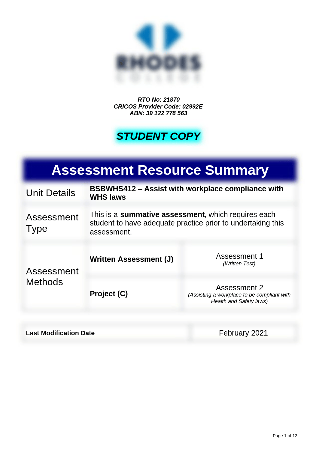 SATool - BSBWHS412 - Assist with compliance with WHS laws v Feb 2021.pdf_dmtz6wvga1c_page1