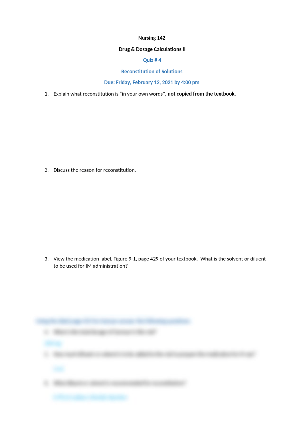 Nursing 142, Quiz # 4, Chapter 19, Reconstitution of Solutions.docx_dmu66pc10uf_page1