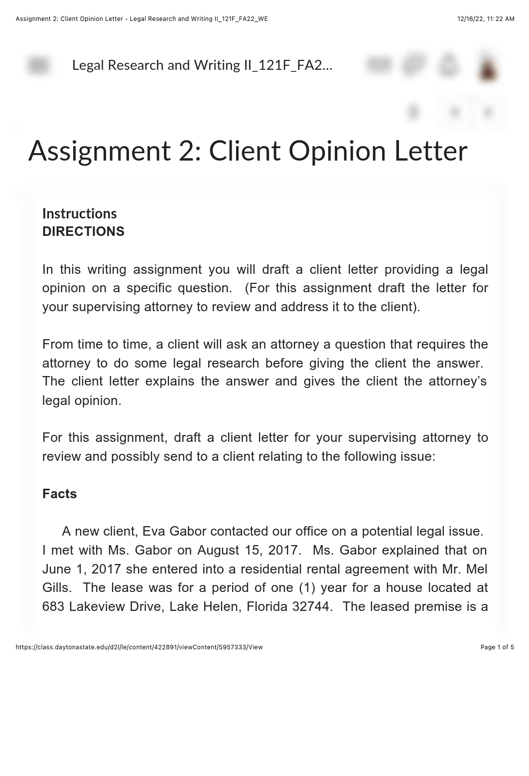 Assignment 2: Client Opinion Letter - Legal Research and Writing II_121F_FA22_WE.pdf_dmv3quie0w9_page1