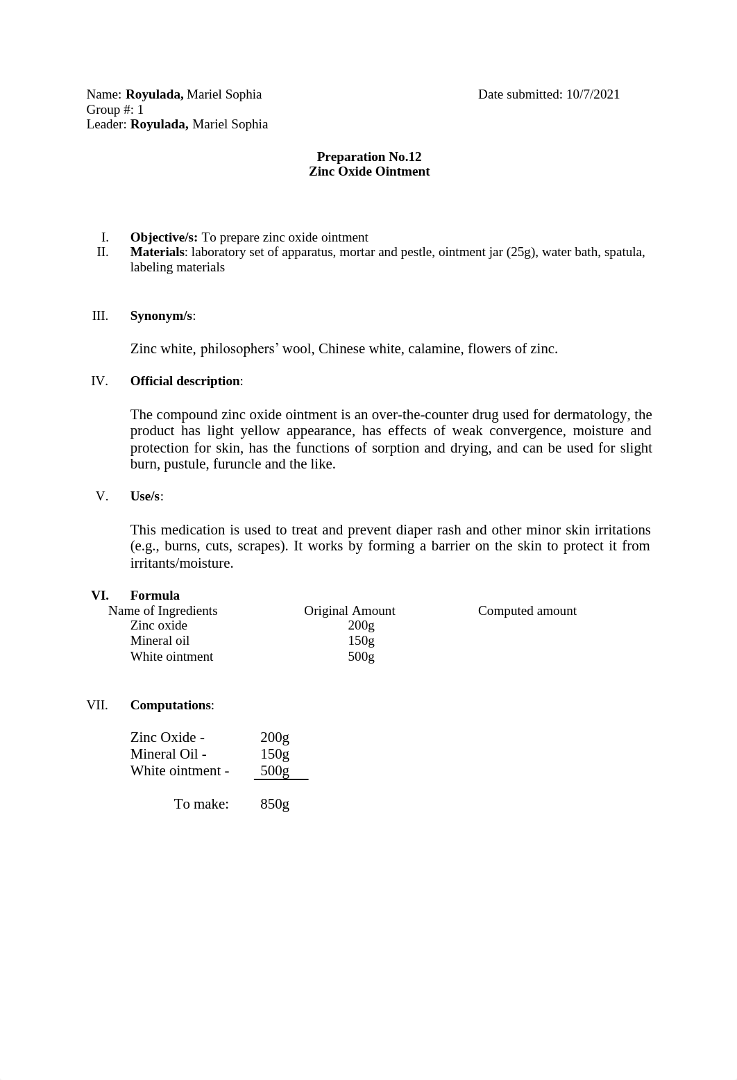 PHAR201 LAB - GROUP 1 - PREPARATION NO. 12 ZINC OXIDE OINTMENT.pdf_dmw06kabzh5_page1