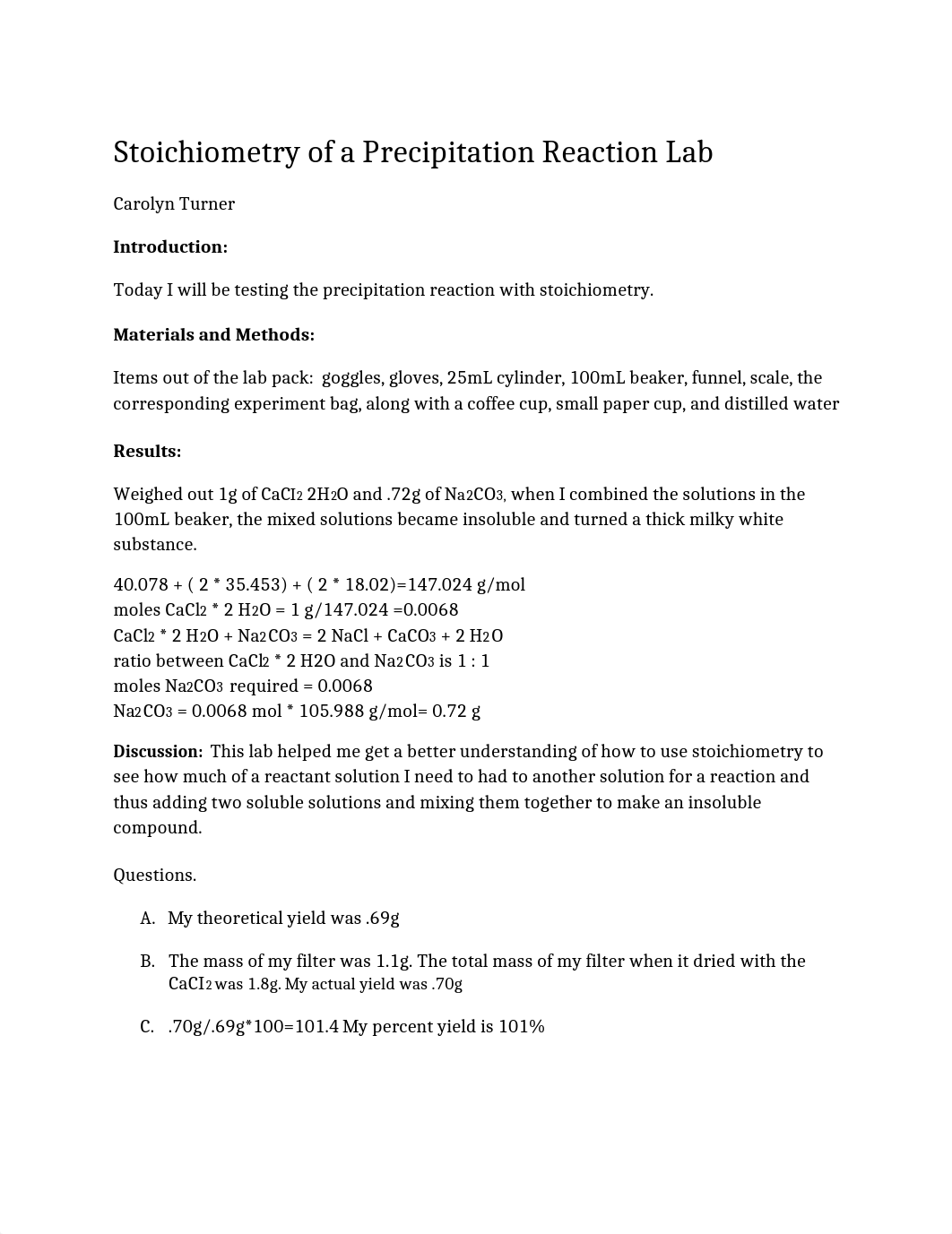 CHM_166_001_ML_ Carolyn Turner _General Chemistry_Stoichiometry of a Precipitation Reaction Lab Repo_dmxq9o2vatt_page1