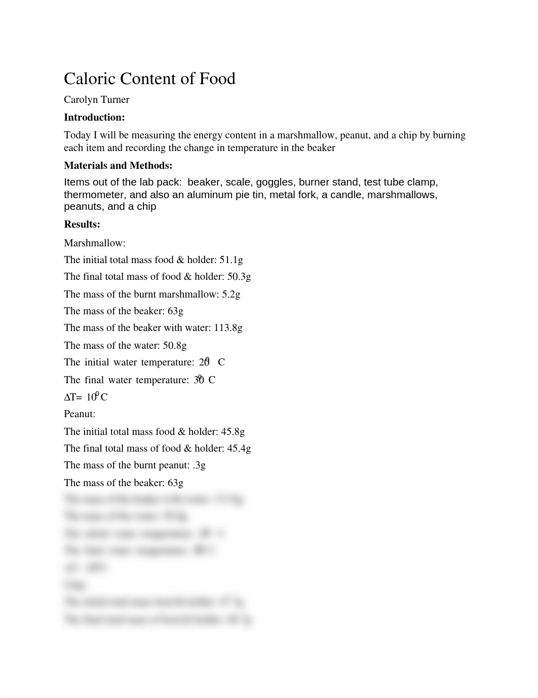 CHM_166_001_ML_ Carolyn Turner _General Chemistry_Caloric Content of Food Lab Report_dmzebt3dpfo_page1