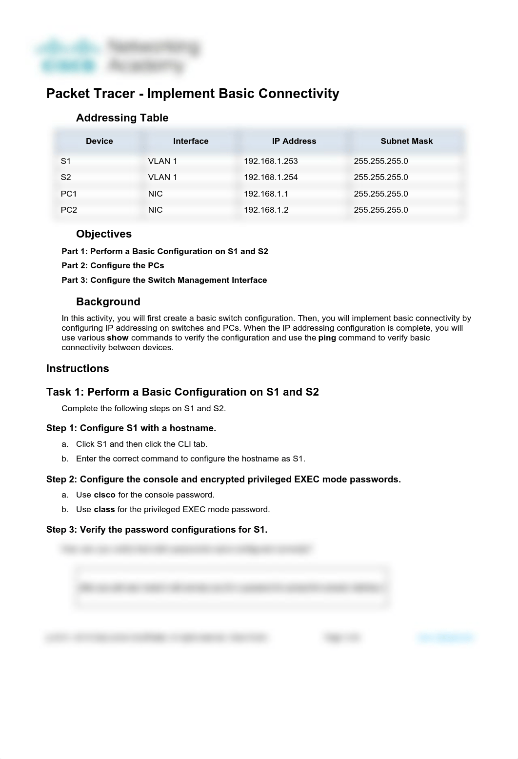 2.7.6 Packet Tracer - Implement Basic Connectivity.pdf_dn24eaaxpxt_page1