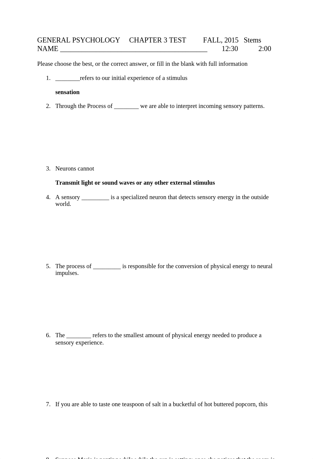 GENERAL PSYCHOLOGY   CHAPTER 3 TEST,FALL, Stems_dn3860xysu4_page1