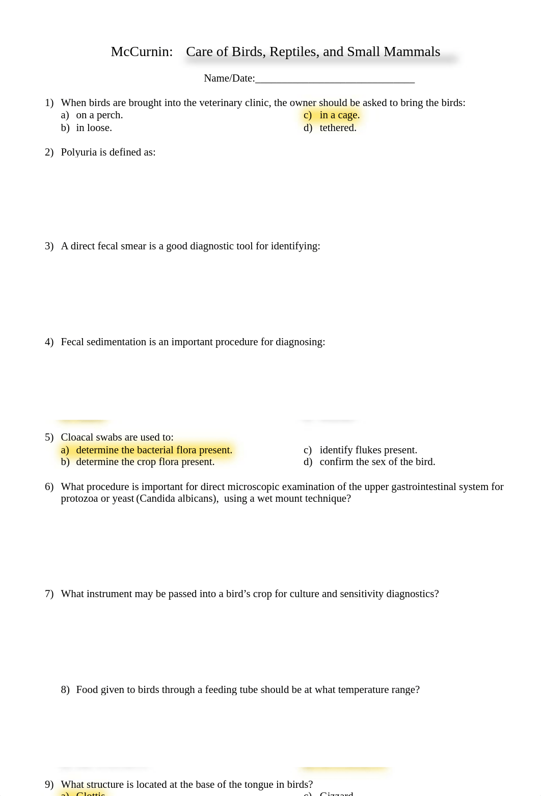 VTT 252 McCurnin 23 Care of Birds, Reptiles, and Small Mammals KEY.pdf_dn5gdvbmxot_page1