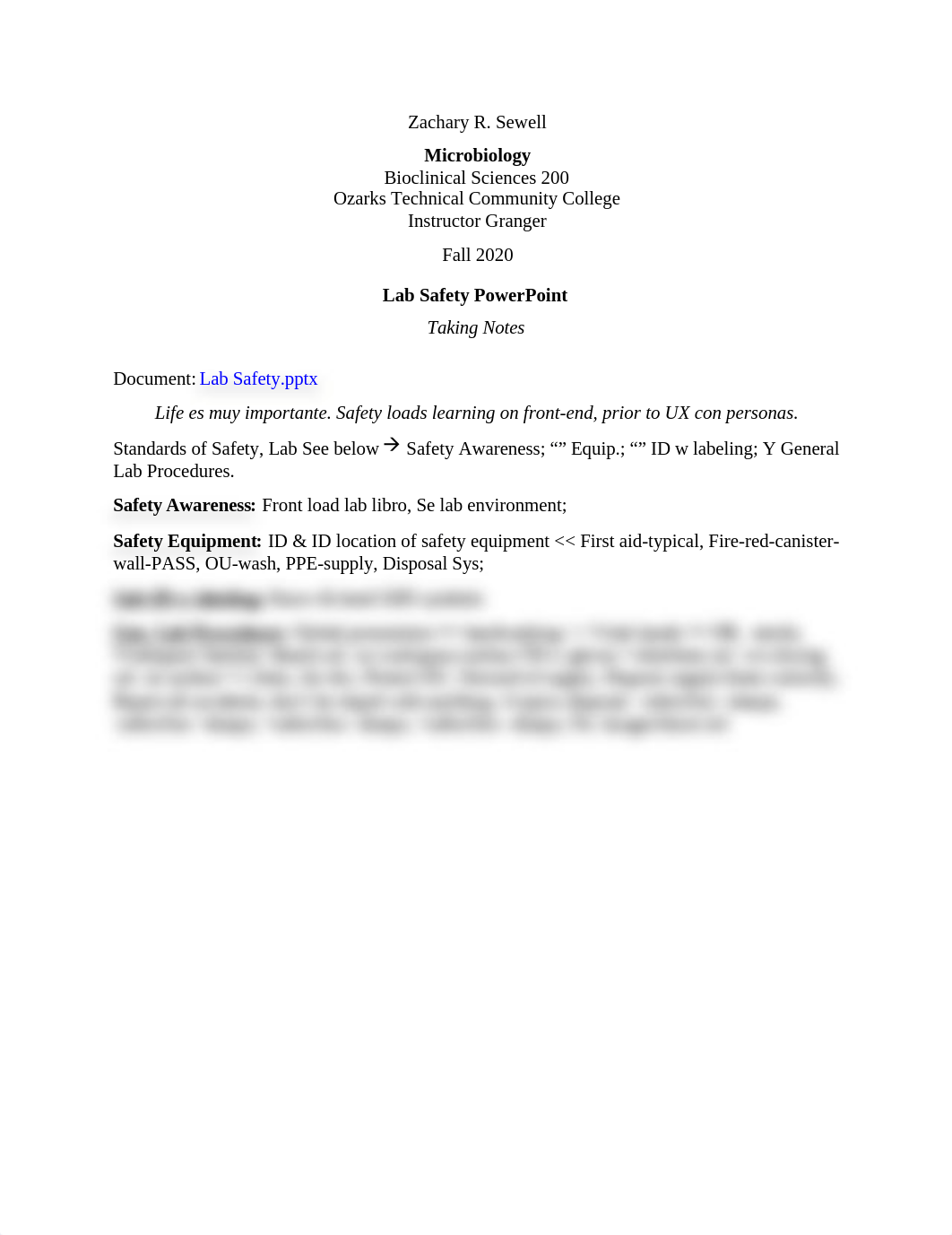 BCS 200 Unit 1 Lesson 2 Lab Safety - Taking Notes - Sewell, Zachary.docx_dn6lml9e3li_page1