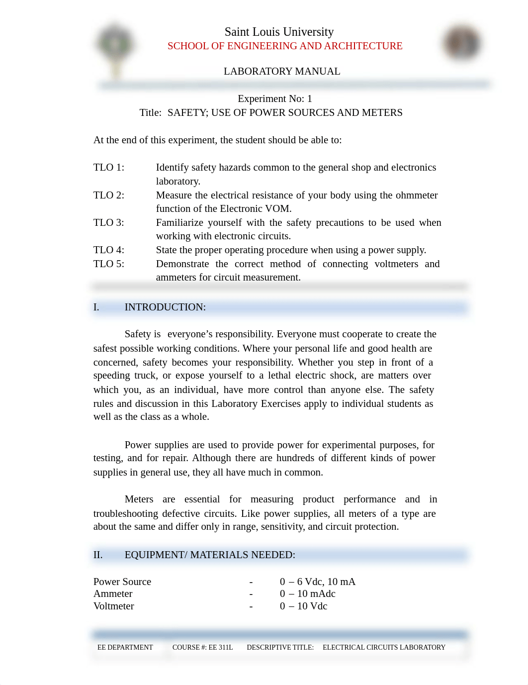 Experiment 1 - Safety; Use of Power Sources and Meters.pdf_dn8unk0ttuu_page1