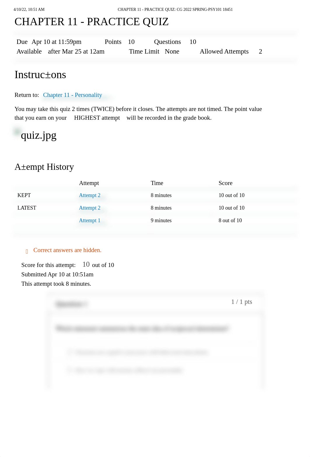 CHAPTER 11 - PRACTICE QUIZ_ CG 2022 SPRING-PSY101 18451 10-10.pdf_dnakk5sq234_page1