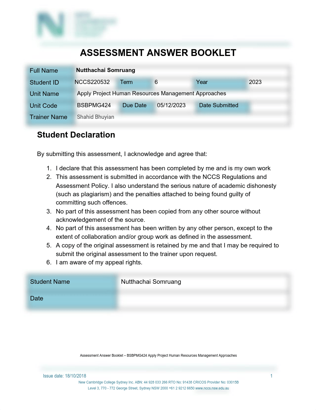 Nutthachai SOMRUANG - Task 1 Assessment Answer Booklet  - BSBPMG424.pdf_dnats1p5rgq_page1